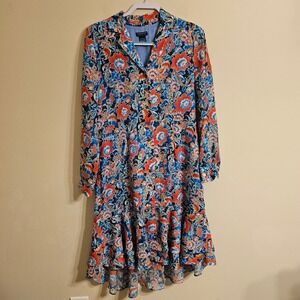Doncaster Collection Floral Shirt Dress Womens 8 Blue Orange Ruffle High Low